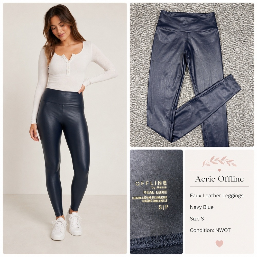 Aerie OFFLINE Real Luxe Faux Leather Leggings Navy Blue High Rise Small